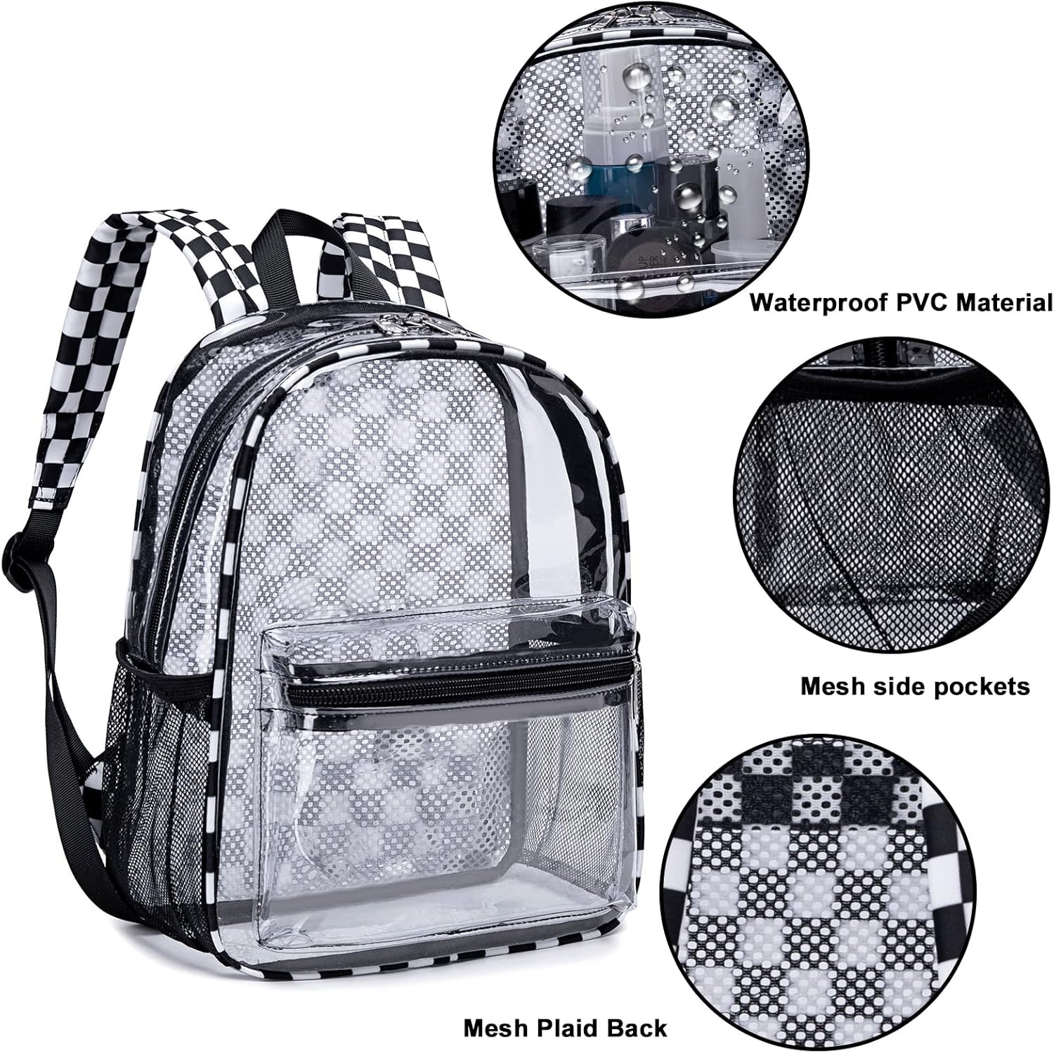image:imageBTOOP Clear Mini Backpack for Stadium Events 12x12x6 Small Transparent Backpacks Plastic See Through Clear Bag for Concerts Work Festival Security Travel PinkBlack White Plaid