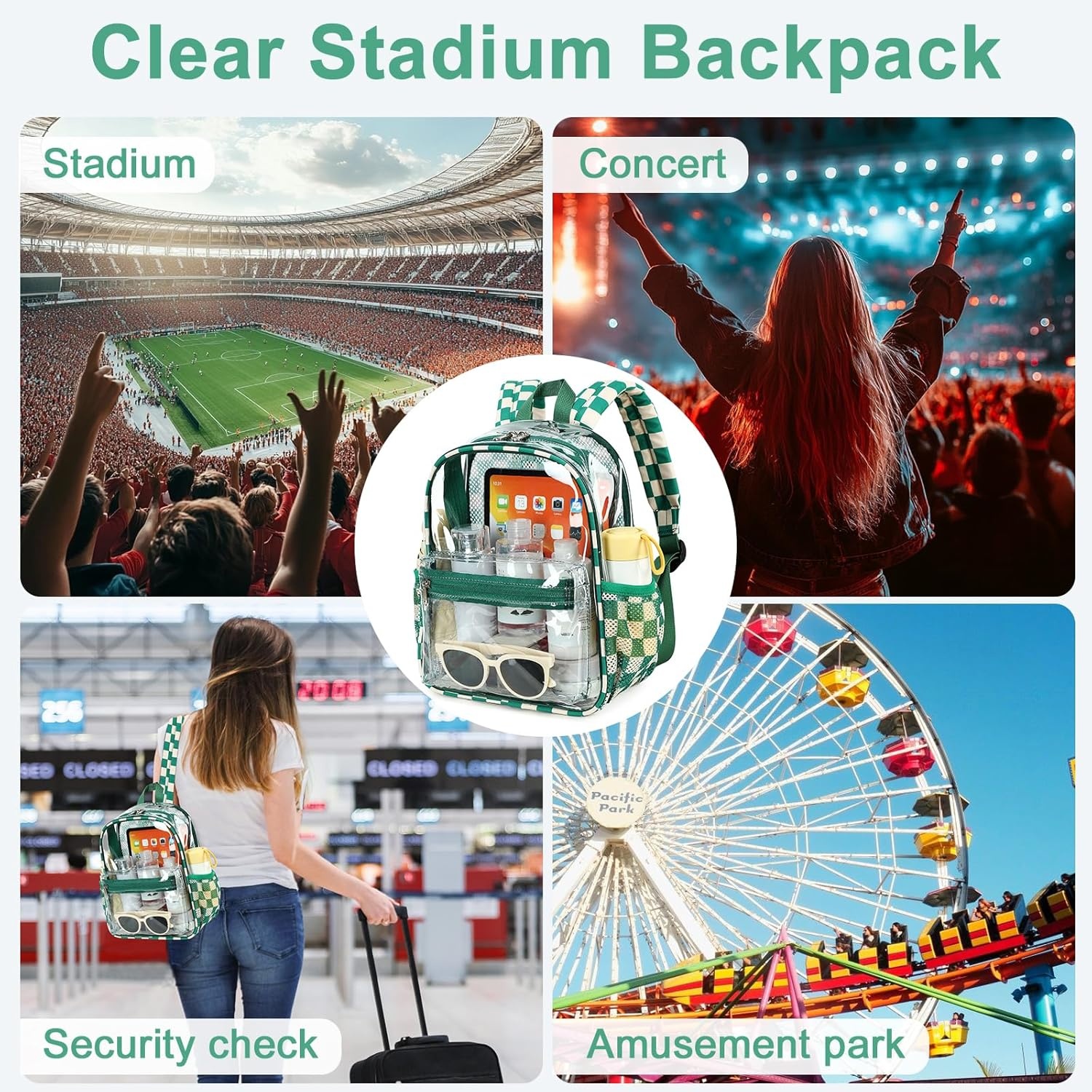 image:imageBTOOP Clear Mini Backpack for Stadium Events 12x12x6 Small Transparent Backpacks Plastic See Through Clear Bag for Concerts Work Festival Security Travel PinkGreen Whitecheckered