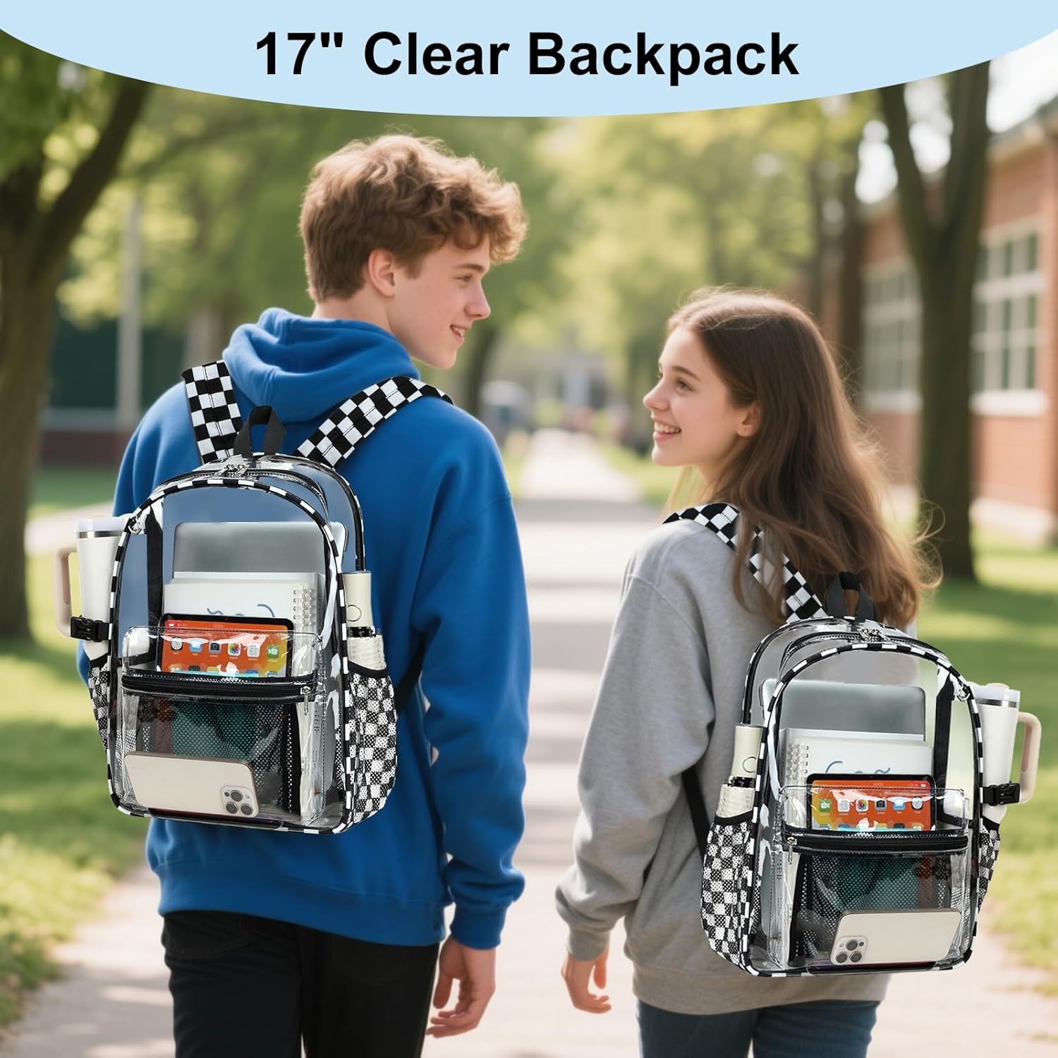 image:imageBTOOP Clear Mini Backpack for Stadium Events 12x12x6 Small Transparent Backpacks Plastic See Through Clear Bag for Concerts Work Festival Security Travel PinkLblack White Plaid