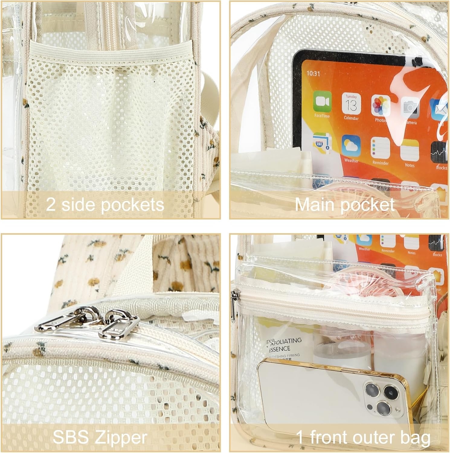 image:imageBTOOP Clear Mini Backpack for Stadium Events 12x12x6 Small Transparent Backpacks Plastic See Through Clear Bag for Concerts Work Festival Security Travel PinkClearflower 92