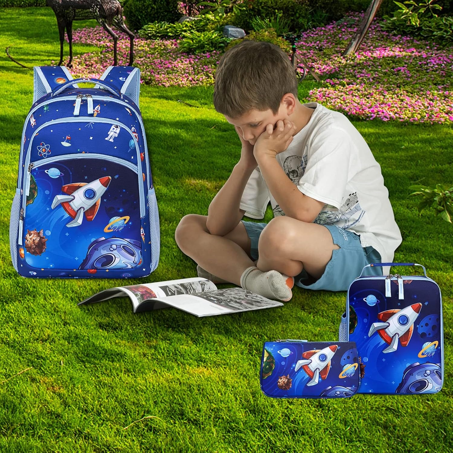 image:imageBTOOP Kids Backpack for Boys Girls Space Preschool Bookbag with Lunch Box Pencil Case Set Toddler Backpacks Kindergarten School Bags RocketBlue