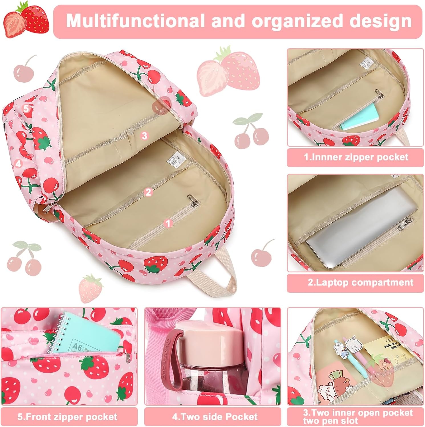 image:imageBTOOP Kids Backpack for Preschool Girls Strawberry Cherry Kindergarten Bookbag 15 inch Toddler Travel School Bag Fits Age 38Strawberry Cherrypink