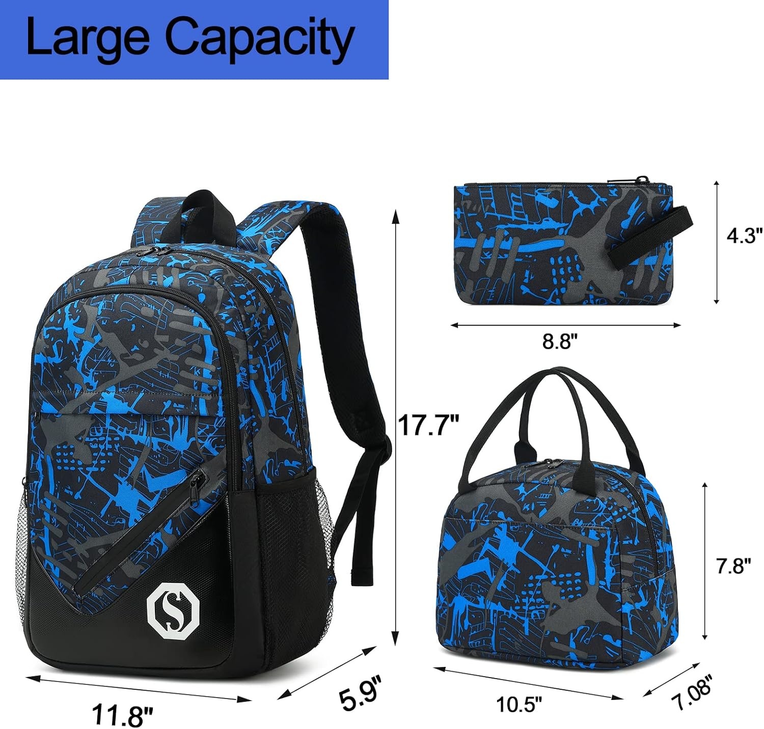 image:imageSchool Backpacks for Boys Girls Bookbag Teens Backpack Set Tote Shoulder Bag and Pencil Case Blue One Size Rucksack Backpacks