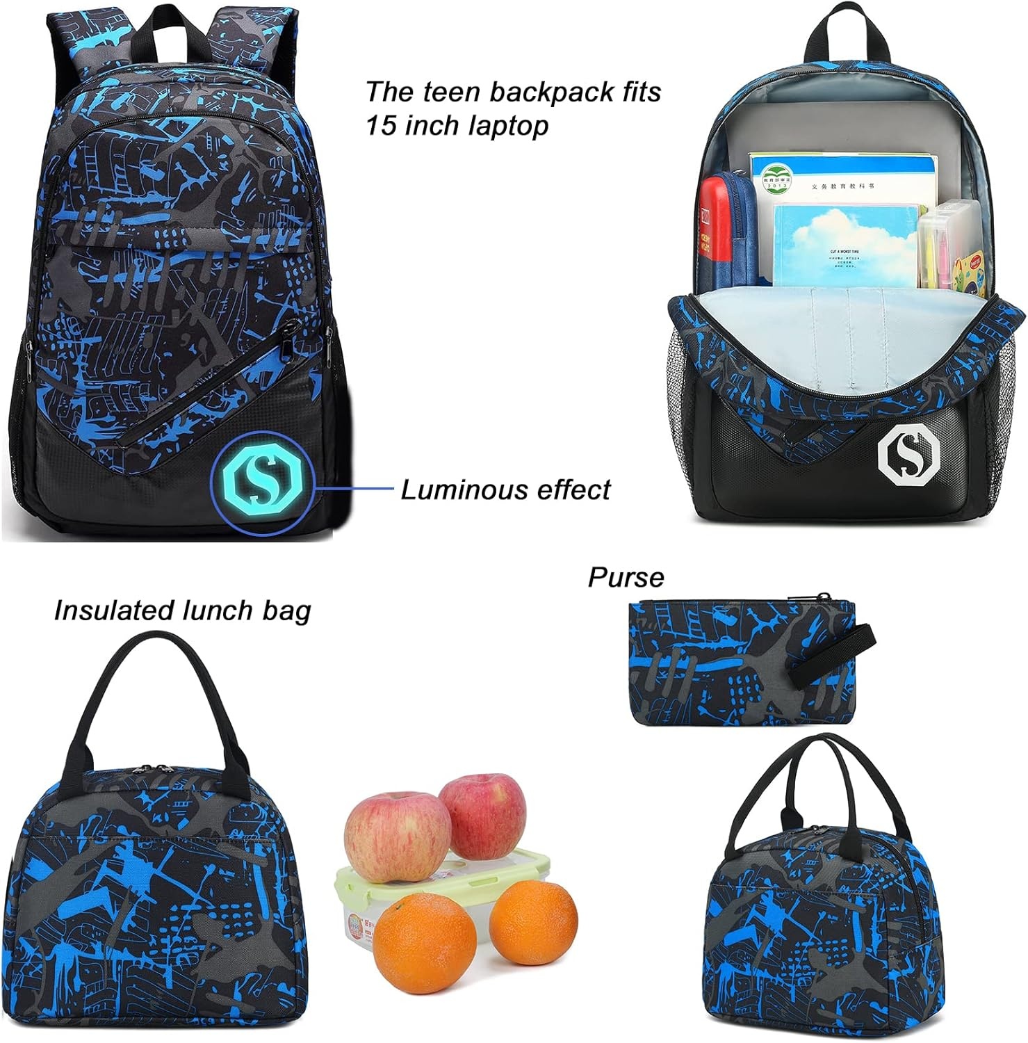 image:imageSchool Backpacks for Boys Girls Bookbag Teens Backpack Set Tote Shoulder Bag and Pencil Case Blue One Size Rucksack Backpacks