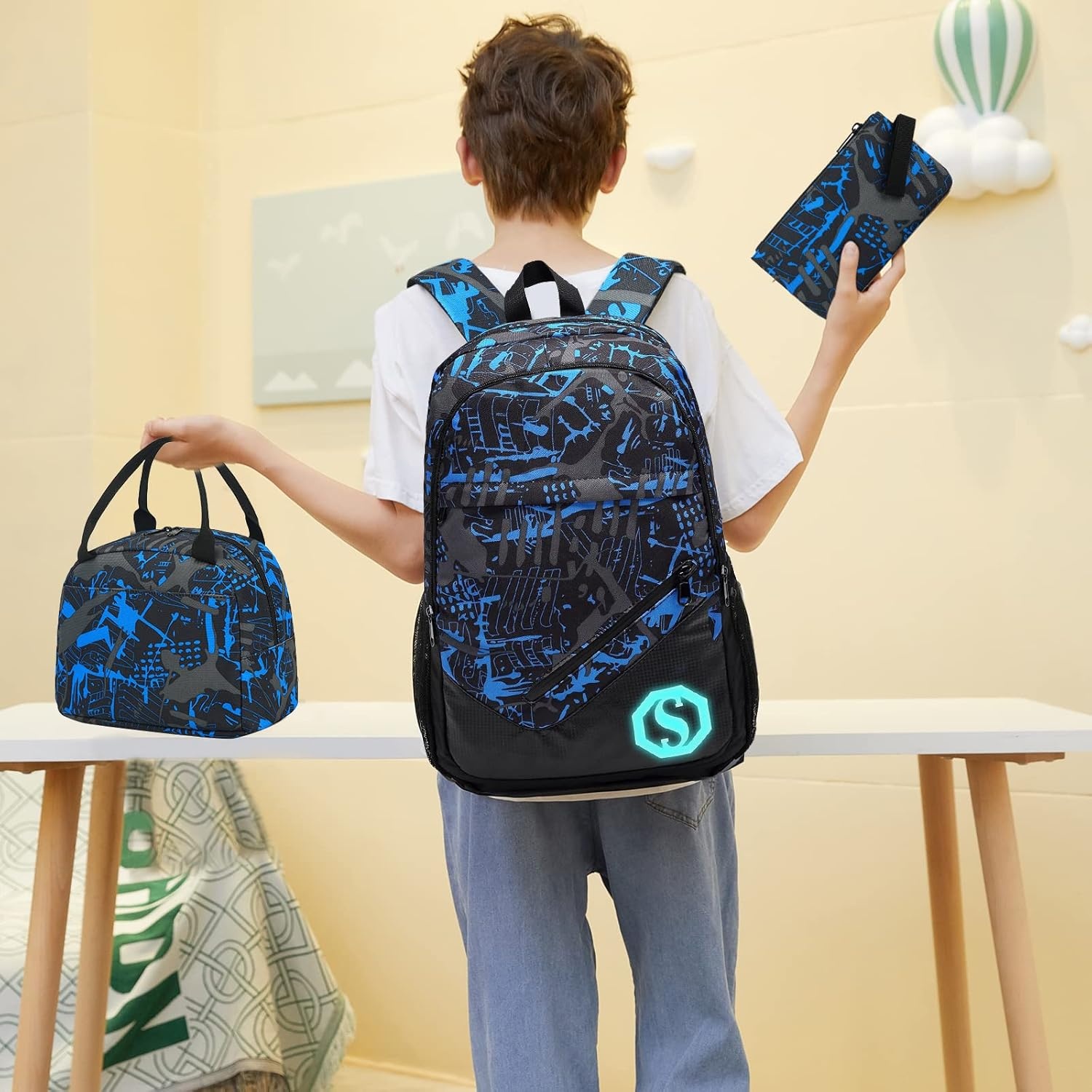image:imageSchool Backpacks for Boys Girls Bookbag Teens Backpack Set Tote Shoulder Bag and Pencil Case Blue One Size Rucksack Backpacks