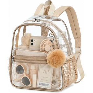 image:imageBTOOP Clear Mini Backpack for Stadium Events 12x12x6 Small Transparent Backpacks Plastic See Through Clear Bag for Concerts Work Festival Security Travel PinkKhaki With Pompom Keychain