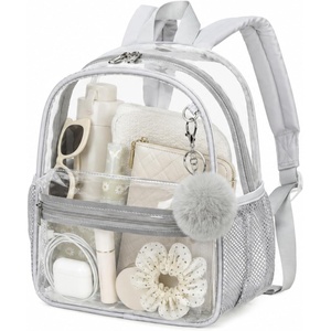 image:imageBTOOP Clear Mini Backpack for Stadium Events 12x12x6 Small Transparent Backpacks Plastic See Through Clear Bag for Concerts Work Festival Security Travel PinkGray With Pompom Keychain