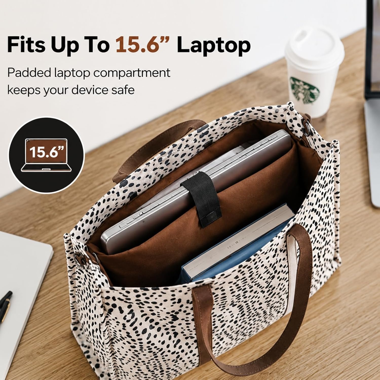 image:imageLaptop Tote Bag for Women Work 156 inch Canvas Shoulder Bags Computer Messenger Purse Teacher Handbag Office BriefcaseAleopard Apricot