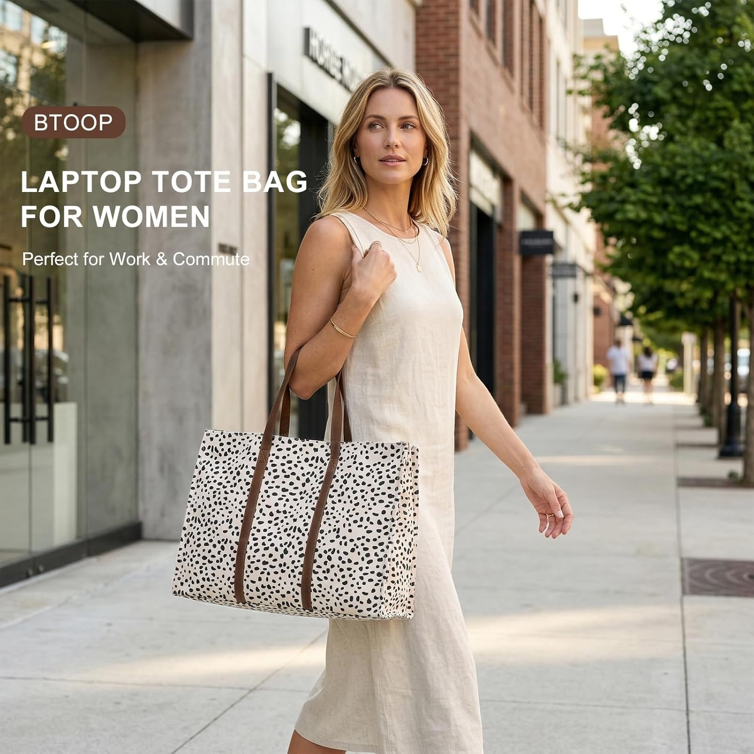 image:imageLaptop Tote Bag for Women Work 156 inch Canvas Shoulder Bags Computer Messenger Purse Teacher Handbag Office BriefcaseAleopard Apricot