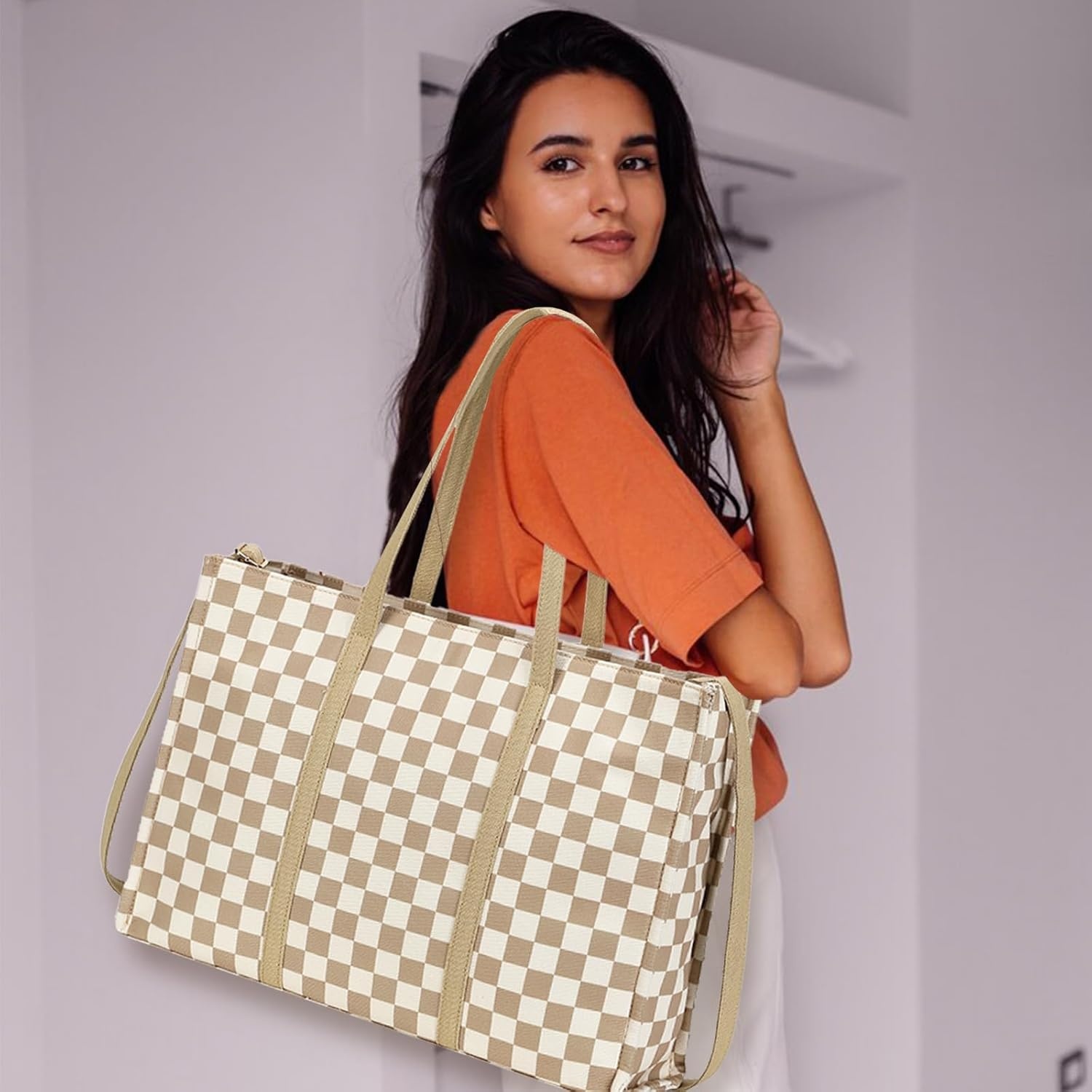 image:imageLaptop Tote Bag for Women Work 156 inch Canvas Shoulder Bags Computer Messenger Purse Teacher Handbag Office BriefcaseBcheckered Brown