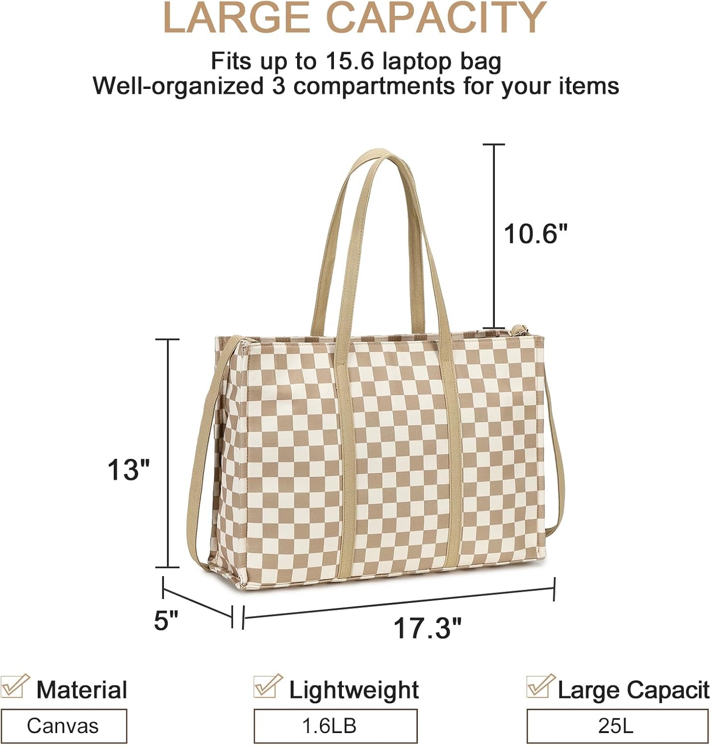 image:imageLaptop Tote Bag for Women Work 156 inch Canvas Shoulder Bags Computer Messenger Purse Teacher Handbag Office BriefcaseBcheckered Brown