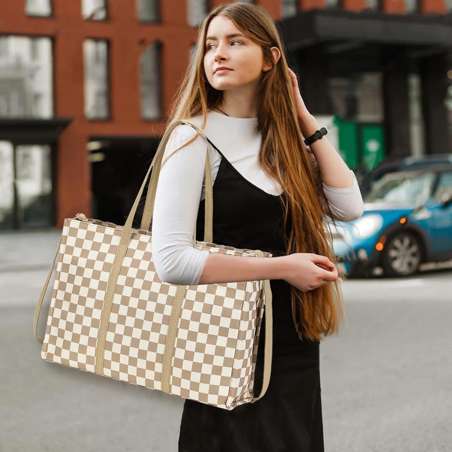 image:imageLaptop Tote Bag for Women Work 156 inch Canvas Shoulder Bags Computer Messenger Purse Teacher Handbag Office BriefcaseBcheckered Brown