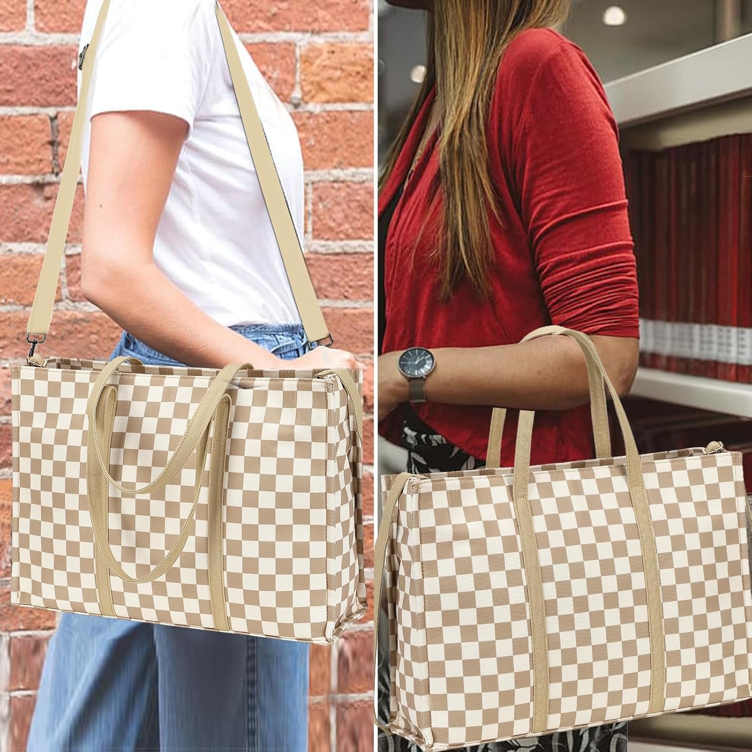 image:imageLaptop Tote Bag for Women Work 156 inch Canvas Shoulder Bags Computer Messenger Purse Teacher Handbag Office BriefcaseBcheckered Brown