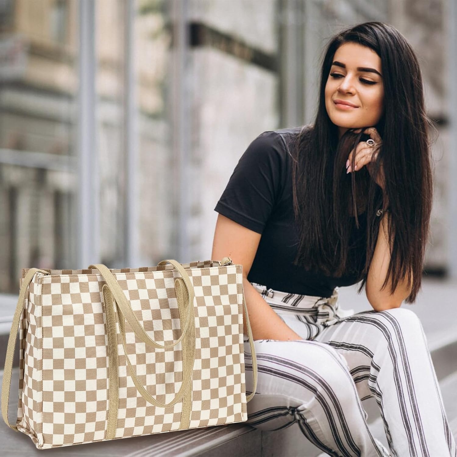 image:imageLaptop Tote Bag for Women Work 156 inch Canvas Shoulder Bags Computer Messenger Purse Teacher Handbag Office BriefcaseBcheckered Brown