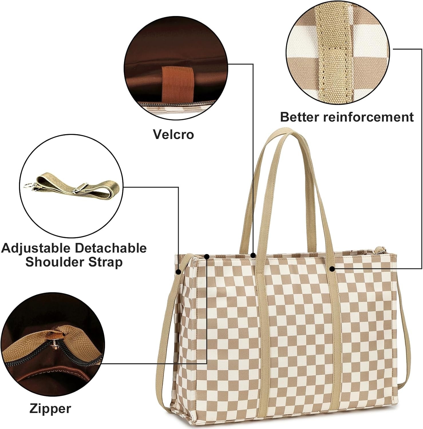 image:imageLaptop Tote Bag for Women Work 156 inch Canvas Shoulder Bags Computer Messenger Purse Teacher Handbag Office BriefcaseBcheckered Brown