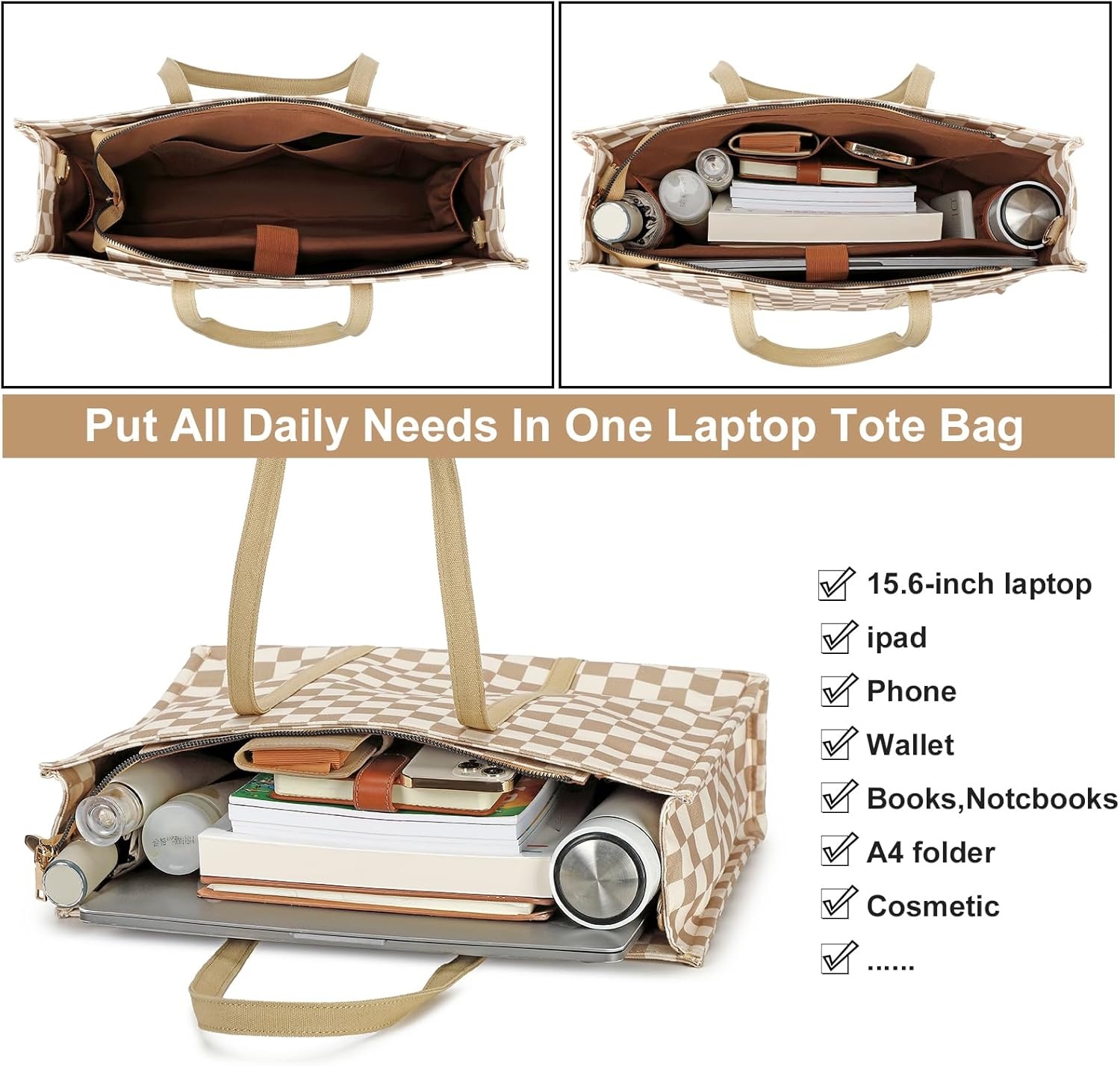image:imageLaptop Tote Bag for Women Work 156 inch Canvas Shoulder Bags Computer Messenger Purse Teacher Handbag Office BriefcaseBcheckered Brown