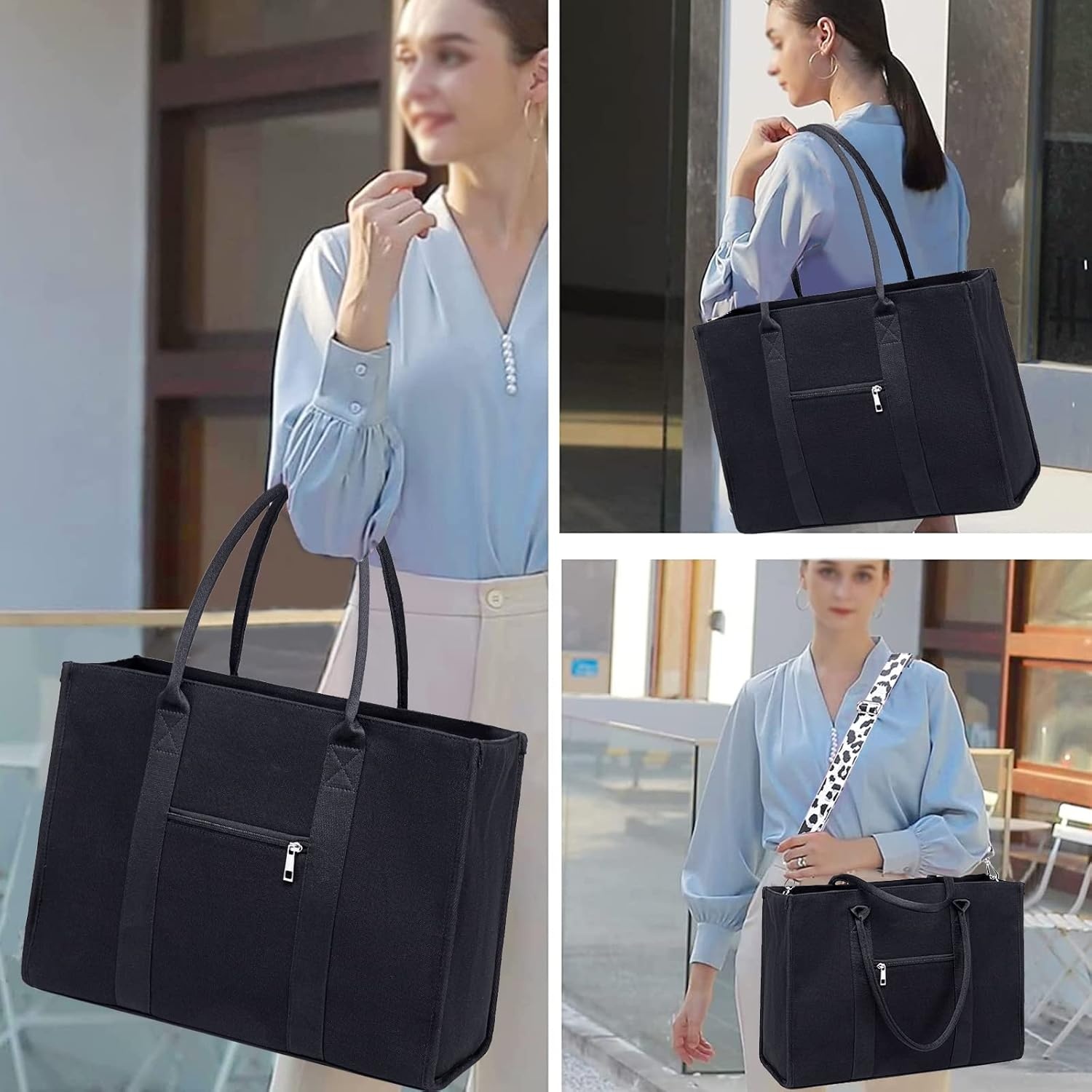image:imageLaptop Tote Bag for Women Work 156 inch Canvas Shoulder Bags Computer Messenger Purse Teacher Handbag Office BriefcaseBlackleopard Print