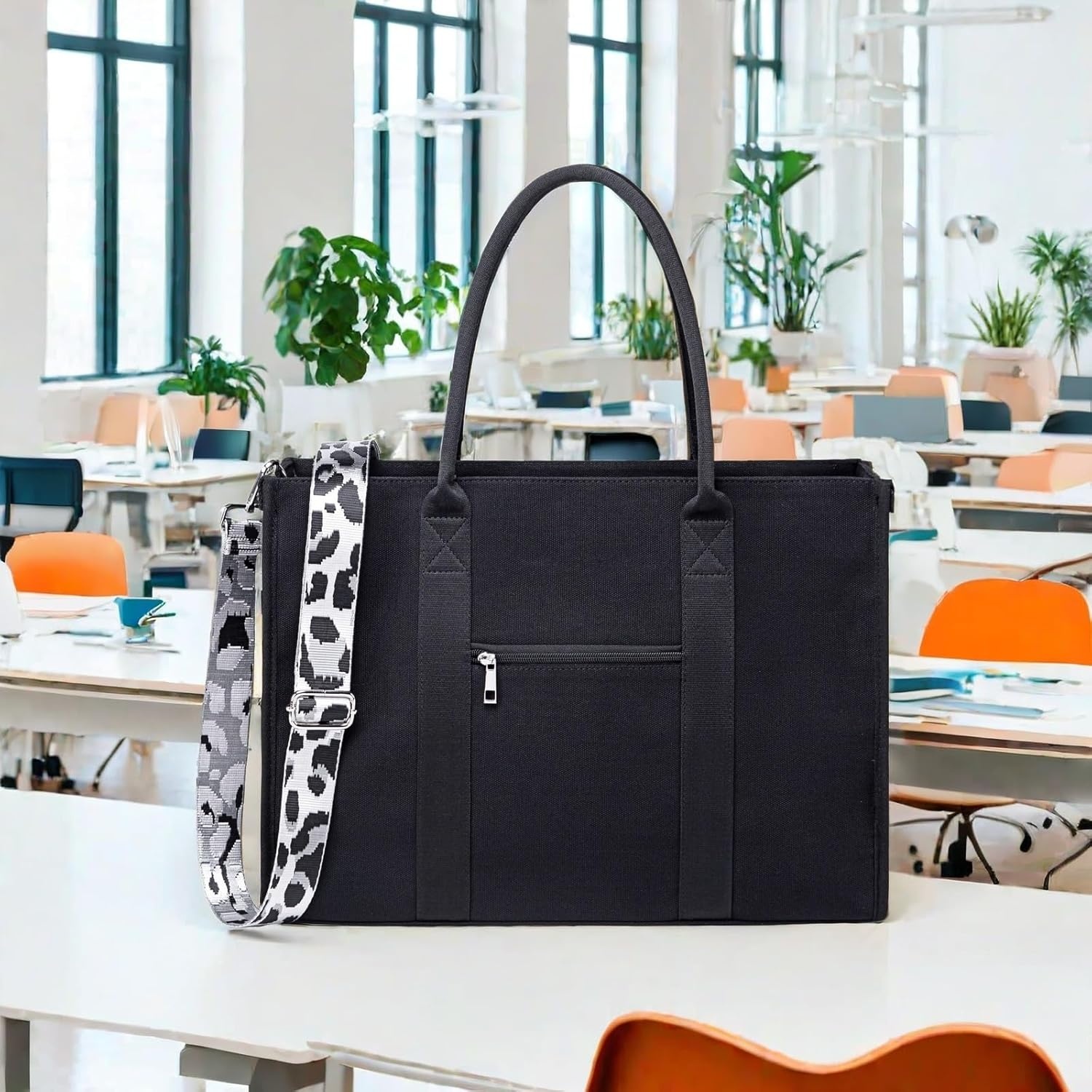 image:imageLaptop Tote Bag for Women Work 156 inch Canvas Shoulder Bags Computer Messenger Purse Teacher Handbag Office BriefcaseBlackleopard Print