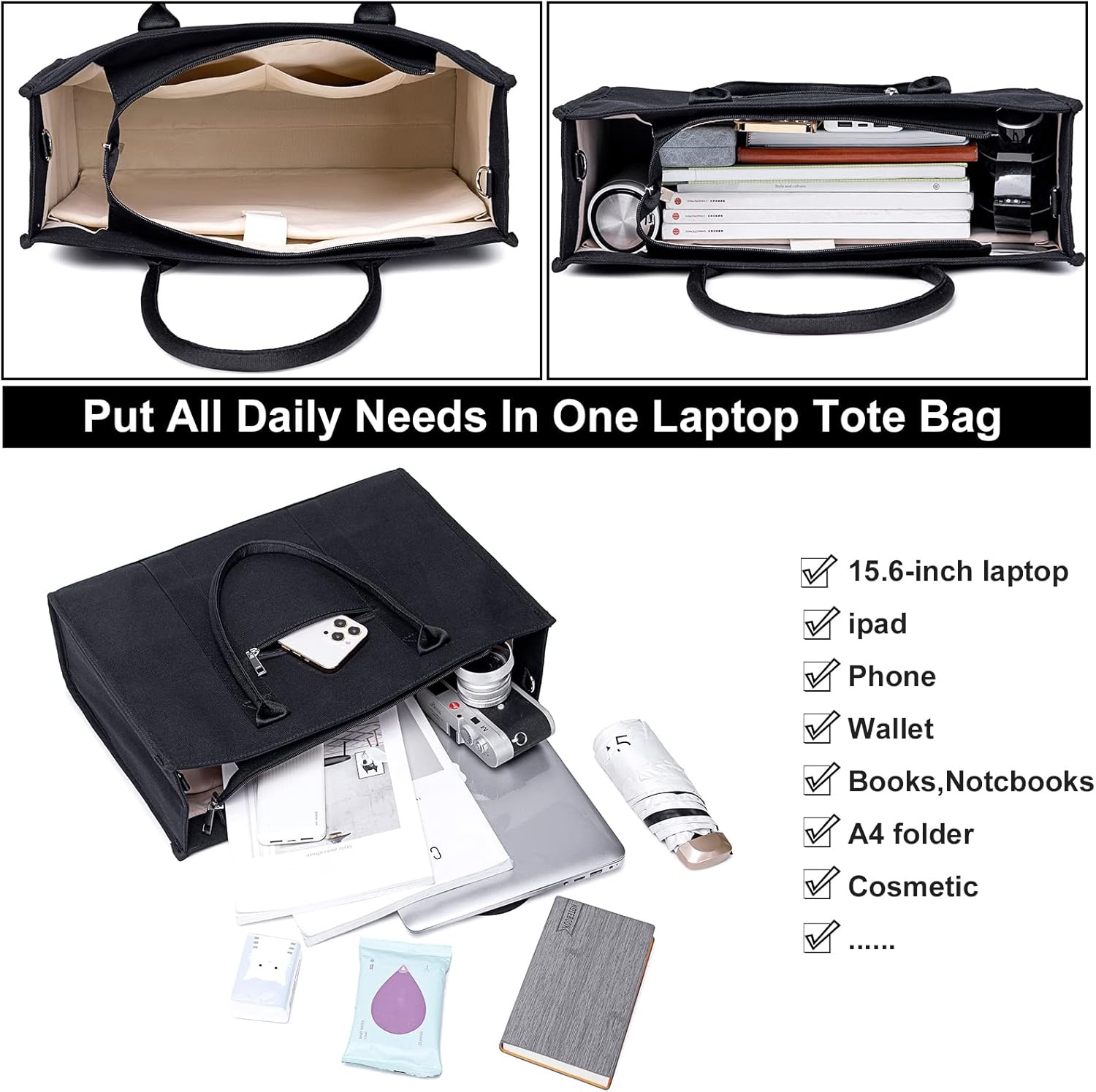 image:imageLaptop Tote Bag for Women Work 156 inch Canvas Shoulder Bags Computer Messenger Purse Teacher Handbag Office BriefcaseBlackleopard Print