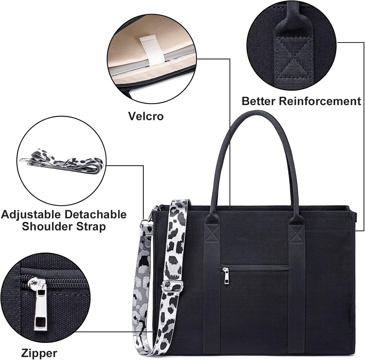 image:imageLaptop Tote Bag for Women Work 156 inch Canvas Shoulder Bags Computer Messenger Purse Teacher Handbag Office BriefcaseBlackleopard Print