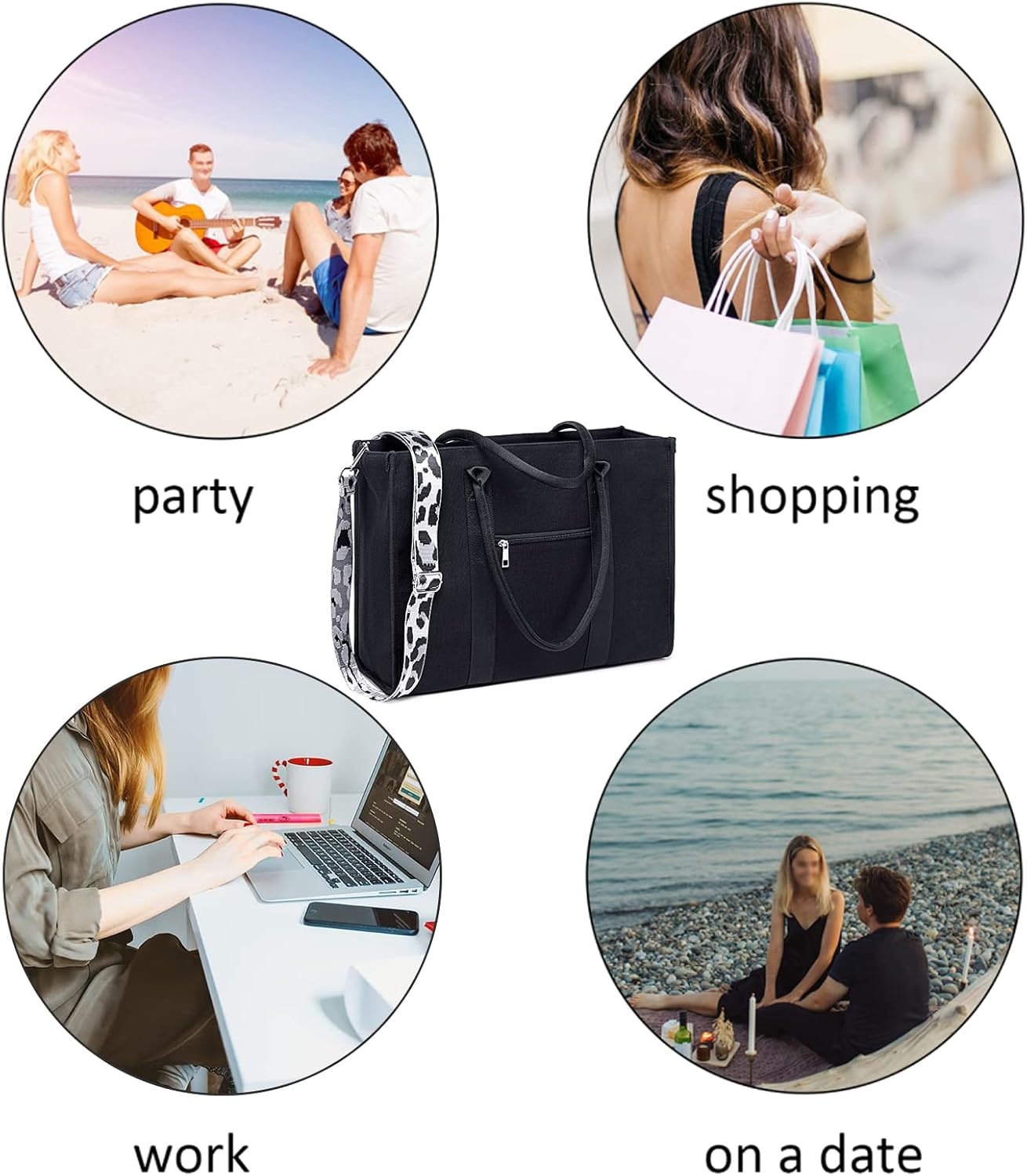 image:imageLaptop Tote Bag for Women Work 156 inch Canvas Shoulder Bags Computer Messenger Purse Teacher Handbag Office BriefcaseBlackleopard Print