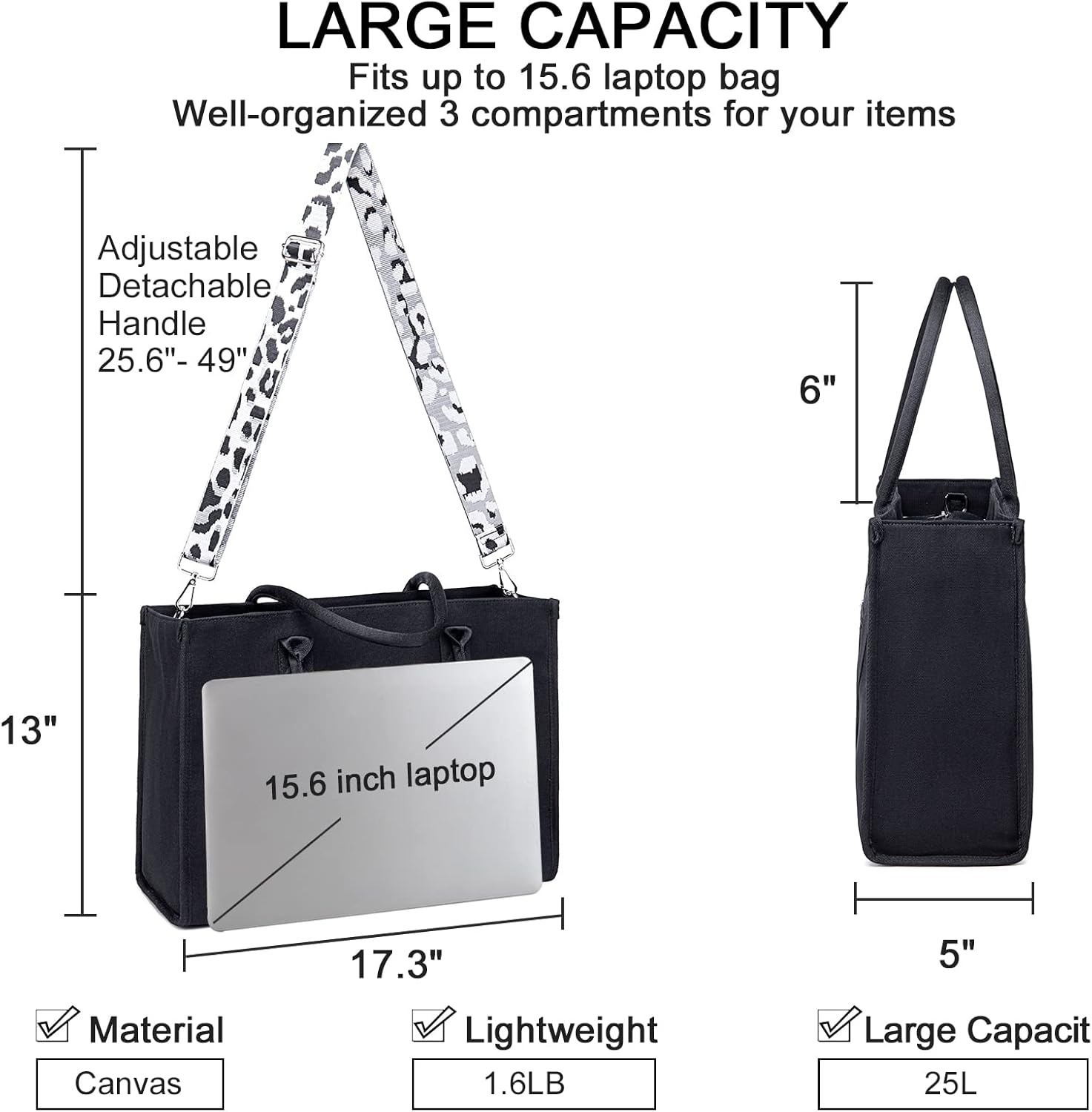 image:imageLaptop Tote Bag for Women Work 156 inch Canvas Shoulder Bags Computer Messenger Purse Teacher Handbag Office BriefcaseBlackleopard Print