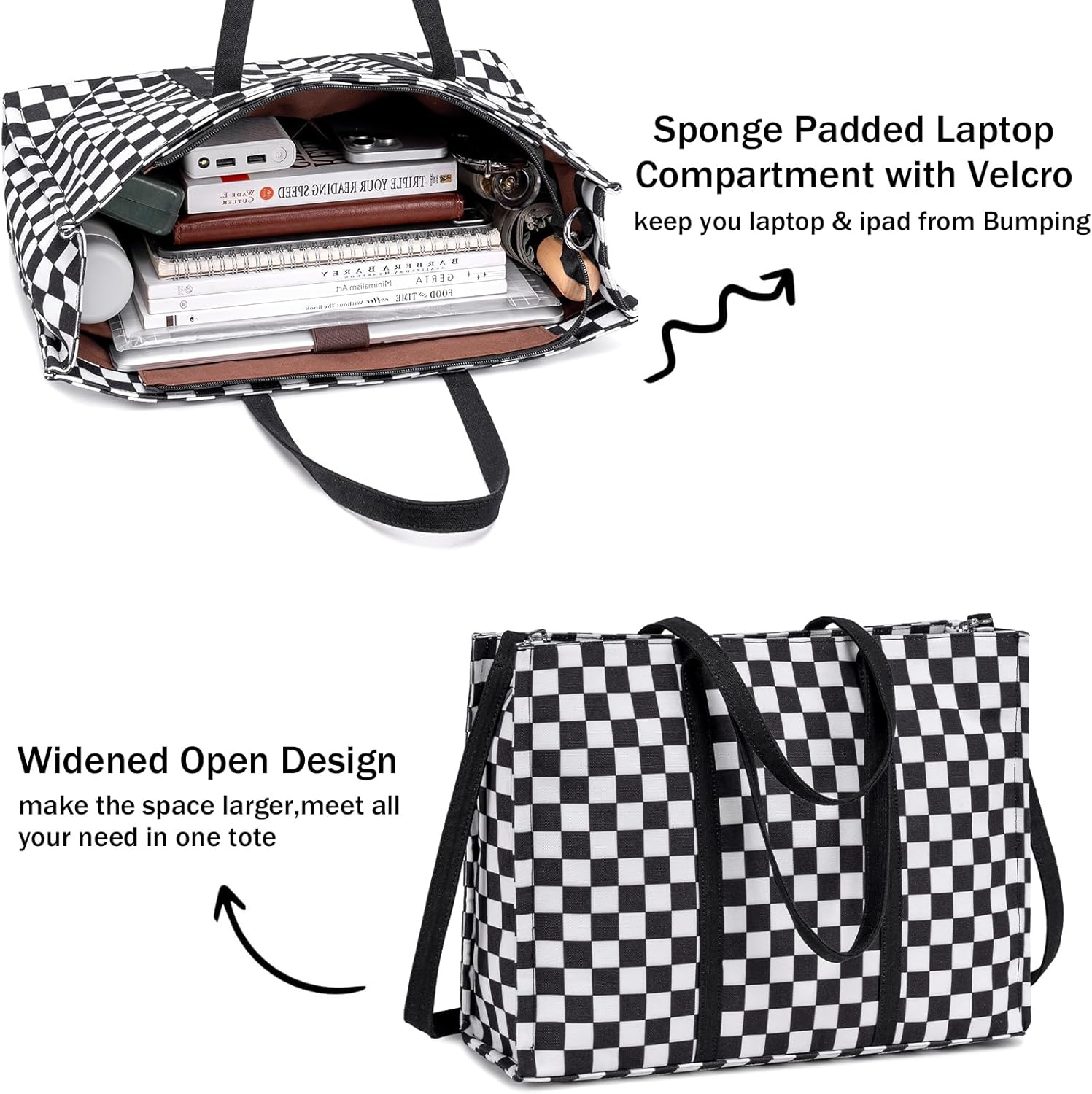 image:imageLaptop Tote Bag for Women Work 156 inch Canvas Shoulder Bags Computer Messenger Purse Teacher Handbag Office BriefcaseBlackwhite Checkered