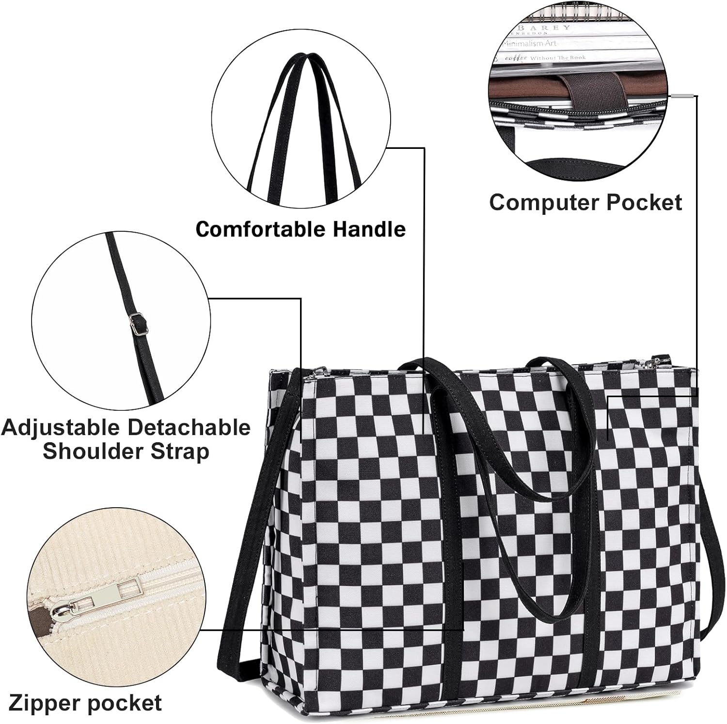 image:imageLaptop Tote Bag for Women Work 156 inch Canvas Shoulder Bags Computer Messenger Purse Teacher Handbag Office BriefcaseBlackwhite Checkered