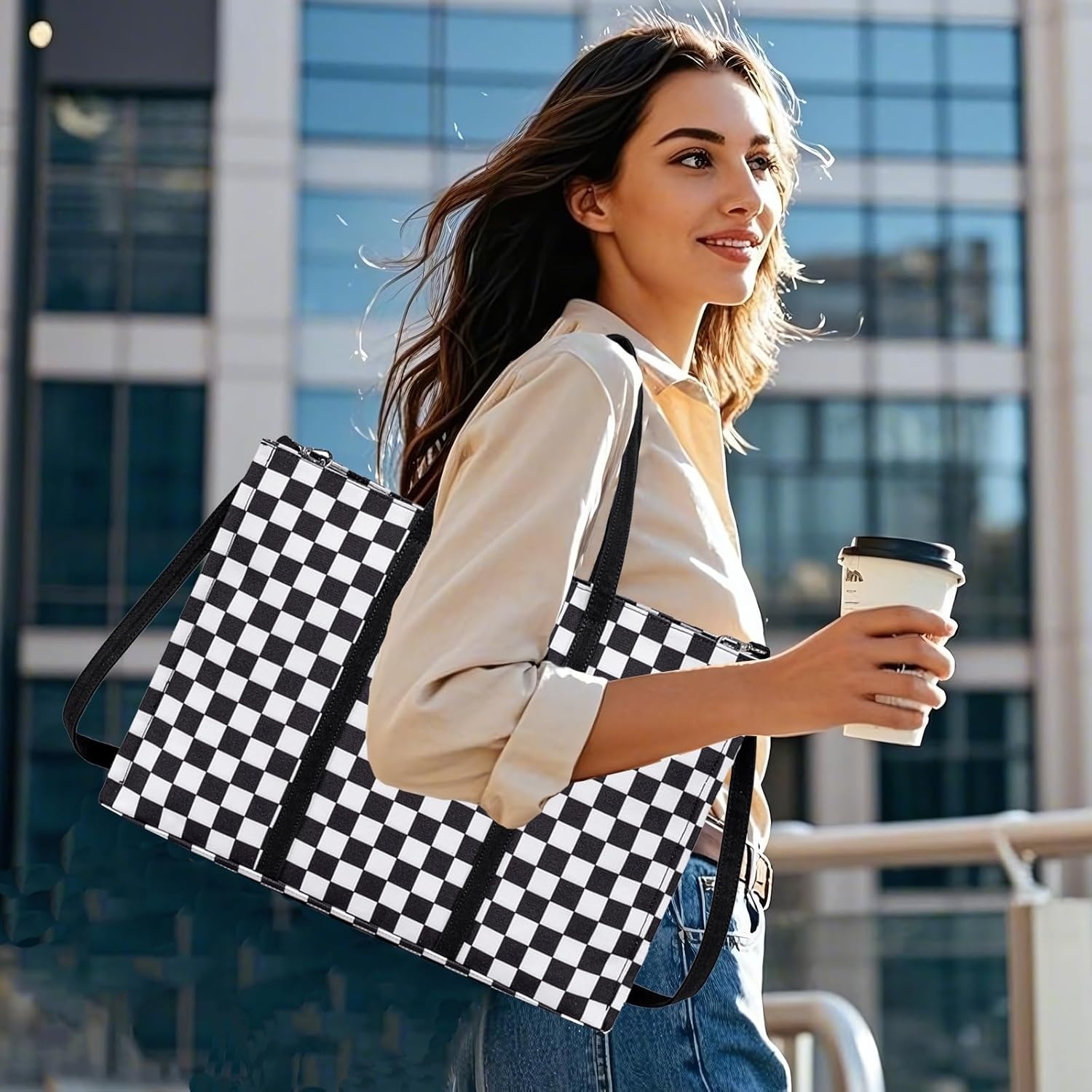 image:imageLaptop Tote Bag for Women Work 156 inch Canvas Shoulder Bags Computer Messenger Purse Teacher Handbag Office BriefcaseBlackwhite Checkered
