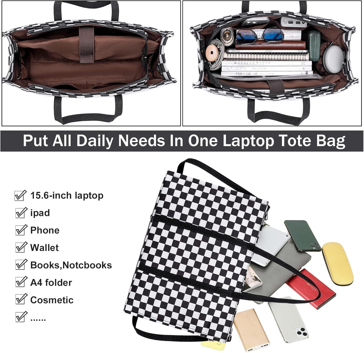 image:imageLaptop Tote Bag for Women Work 156 inch Canvas Shoulder Bags Computer Messenger Purse Teacher Handbag Office BriefcaseBlackwhite Checkered