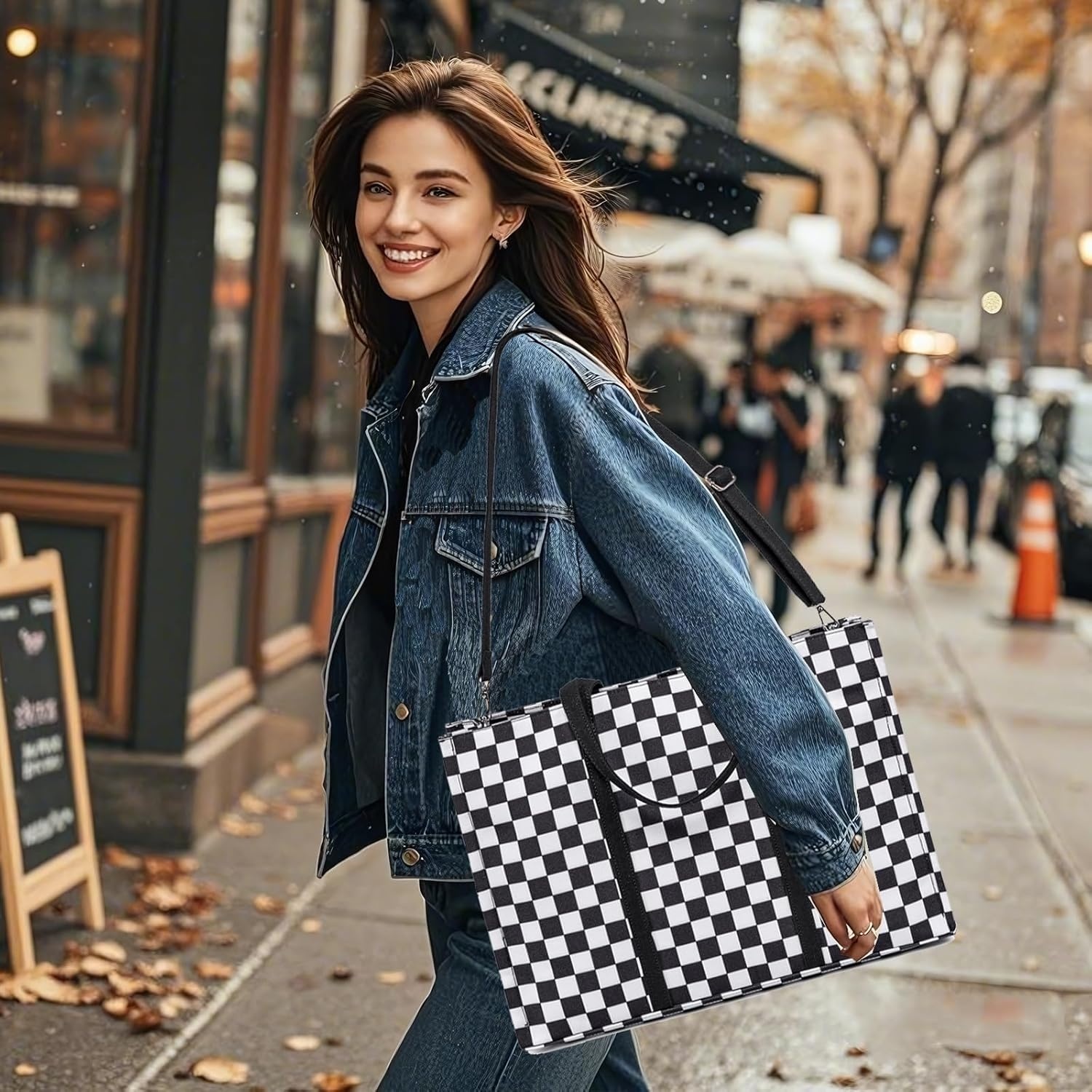 image:imageLaptop Tote Bag for Women Work 156 inch Canvas Shoulder Bags Computer Messenger Purse Teacher Handbag Office BriefcaseBlackwhite Checkered