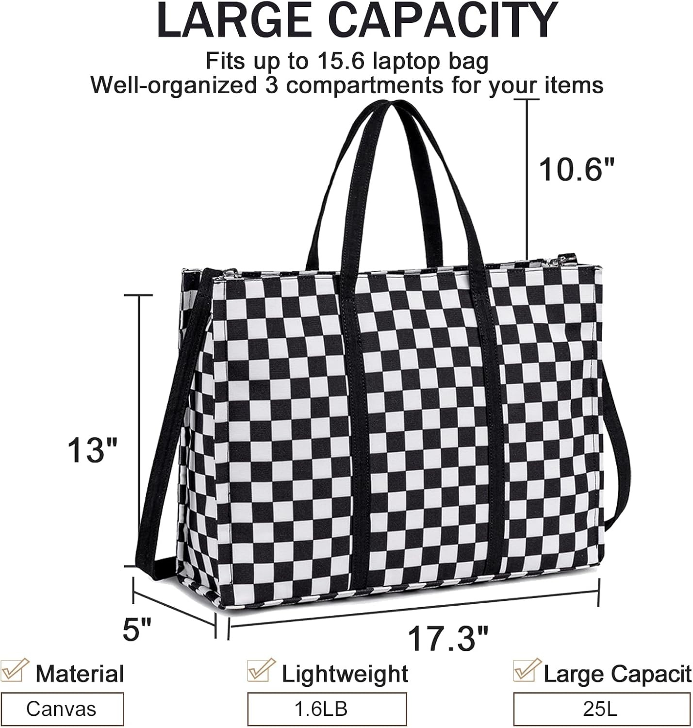 image:imageLaptop Tote Bag for Women Work 156 inch Canvas Shoulder Bags Computer Messenger Purse Teacher Handbag Office BriefcaseBlackwhite Checkered