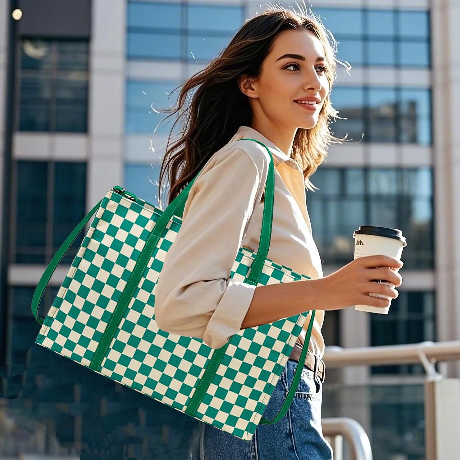 image:imageLaptop Tote Bag for Women Work 156 inch Canvas Shoulder Bags Computer Messenger Purse Teacher Handbag Office BriefcaseGreenwhite Checkered