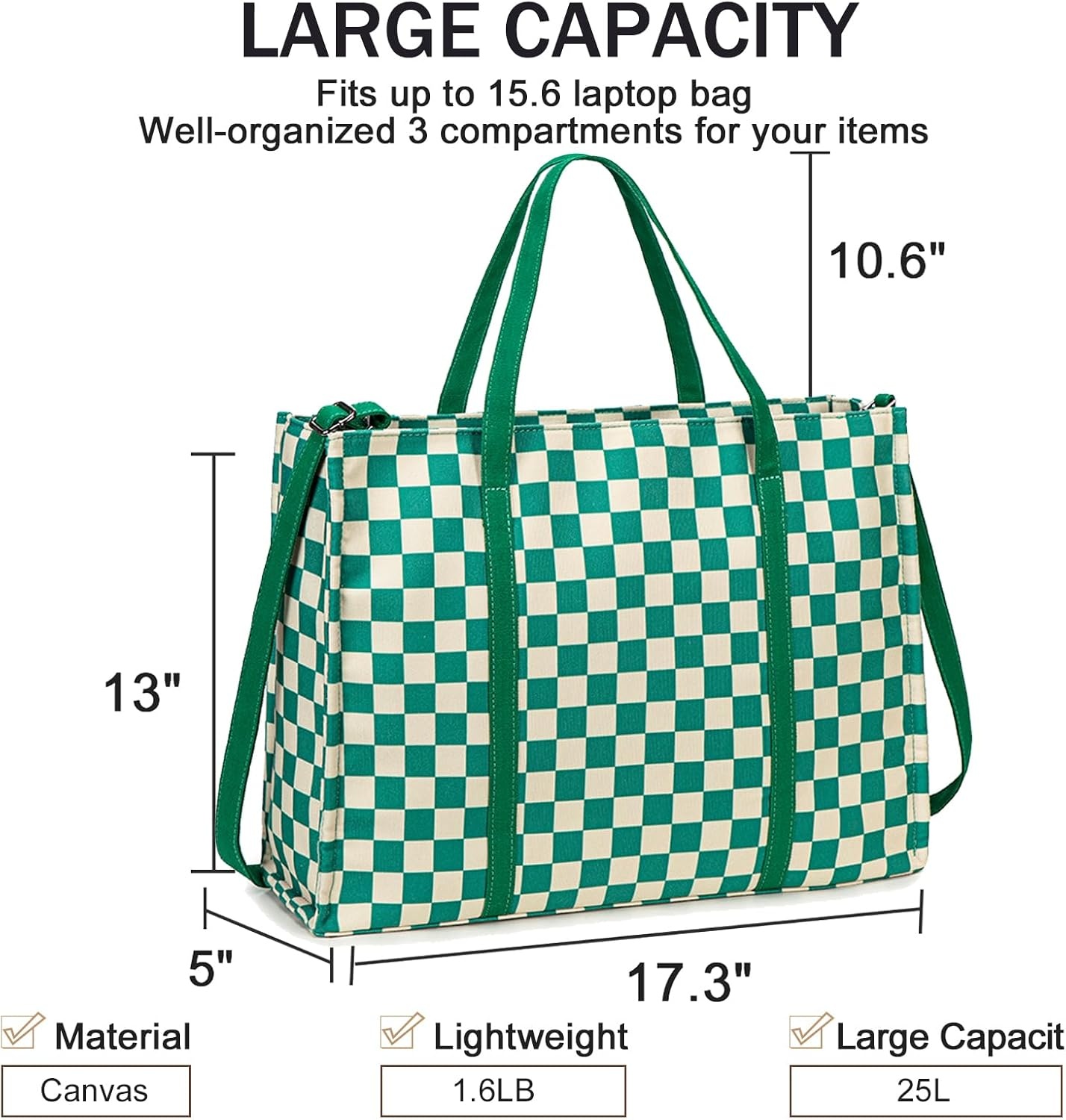 image:imageLaptop Tote Bag for Women Work 156 inch Canvas Shoulder Bags Computer Messenger Purse Teacher Handbag Office BriefcaseGreenwhite Checkered
