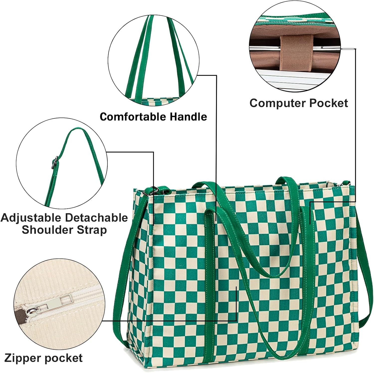image:imageLaptop Tote Bag for Women Work 156 inch Canvas Shoulder Bags Computer Messenger Purse Teacher Handbag Office BriefcaseGreenwhite Checkered
