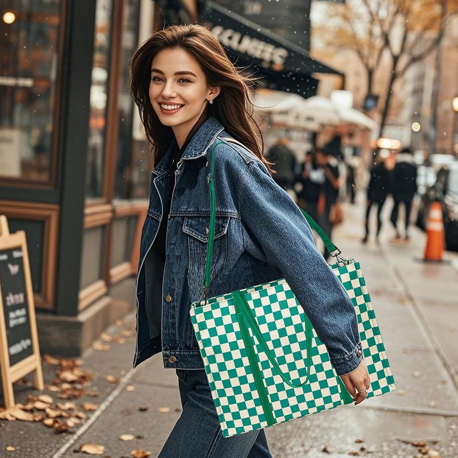 image:imageLaptop Tote Bag for Women Work 156 inch Canvas Shoulder Bags Computer Messenger Purse Teacher Handbag Office BriefcaseGreenwhite Checkered