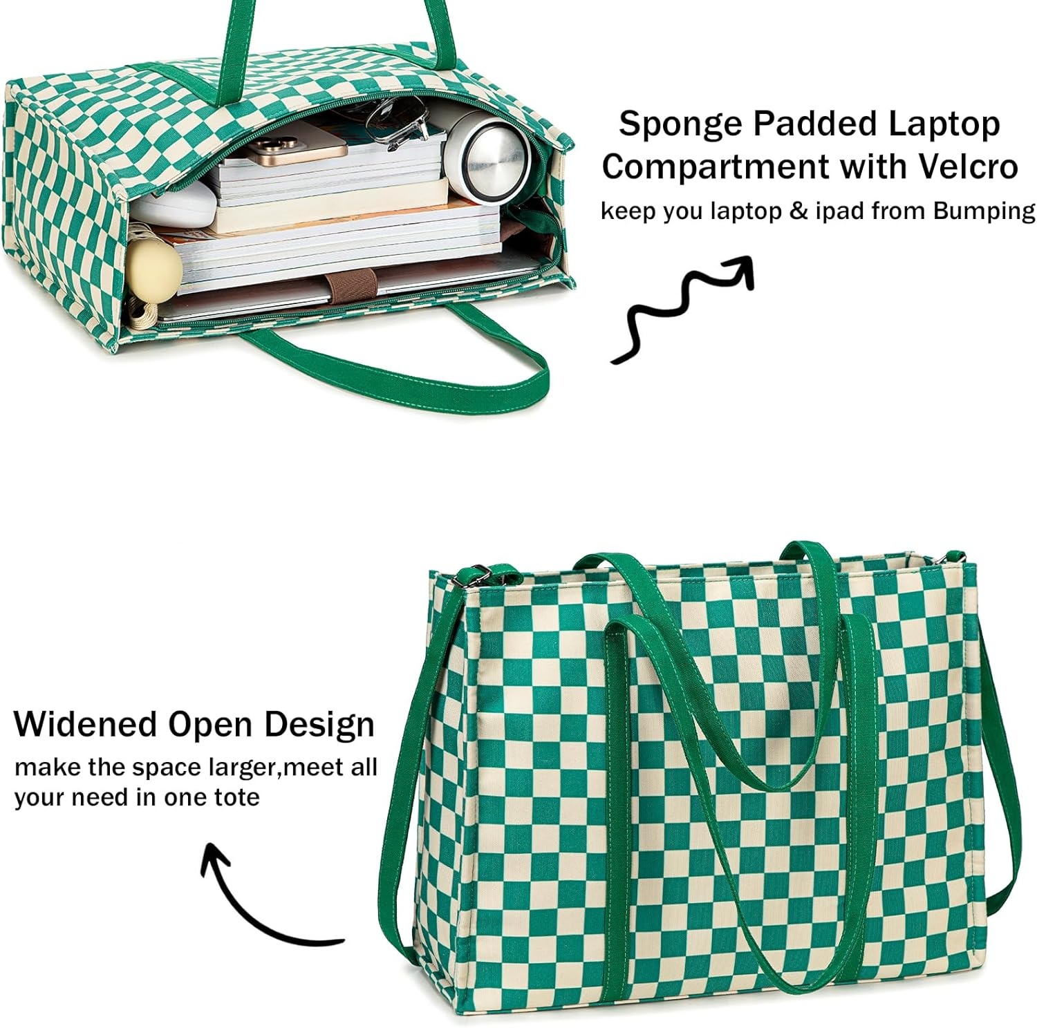 image:imageLaptop Tote Bag for Women Work 156 inch Canvas Shoulder Bags Computer Messenger Purse Teacher Handbag Office BriefcaseGreenwhite Checkered