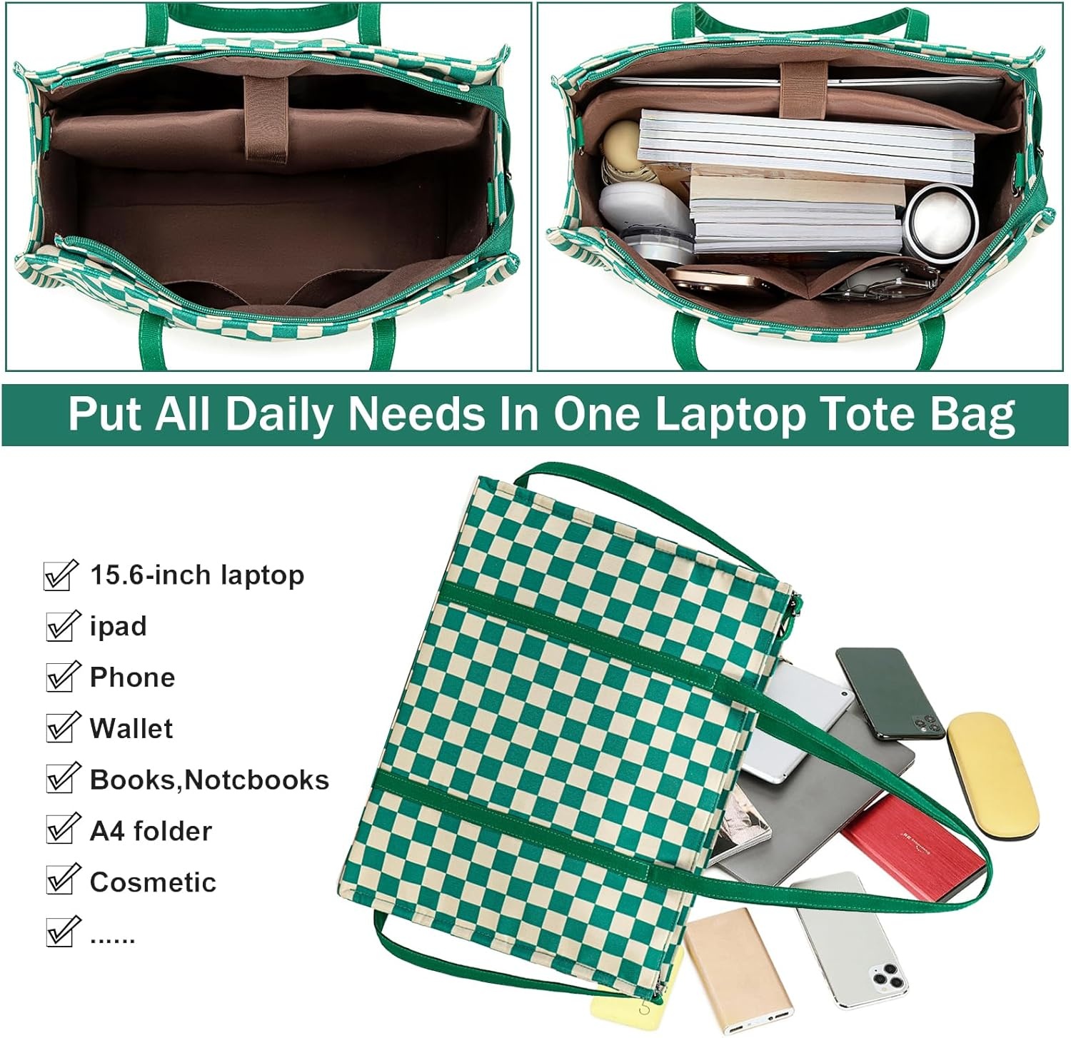 image:imageLaptop Tote Bag for Women Work 156 inch Canvas Shoulder Bags Computer Messenger Purse Teacher Handbag Office BriefcaseGreenwhite Checkered