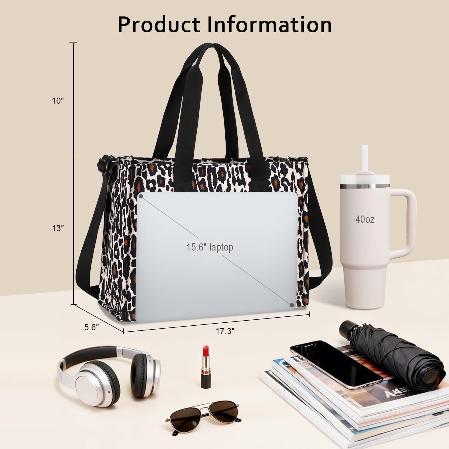 image:imageLaptop Tote Bag for Women Work 156 inch Canvas Shoulder Bags Computer Messenger Purse Teacher Handbag Office BriefcaseLeopardblack