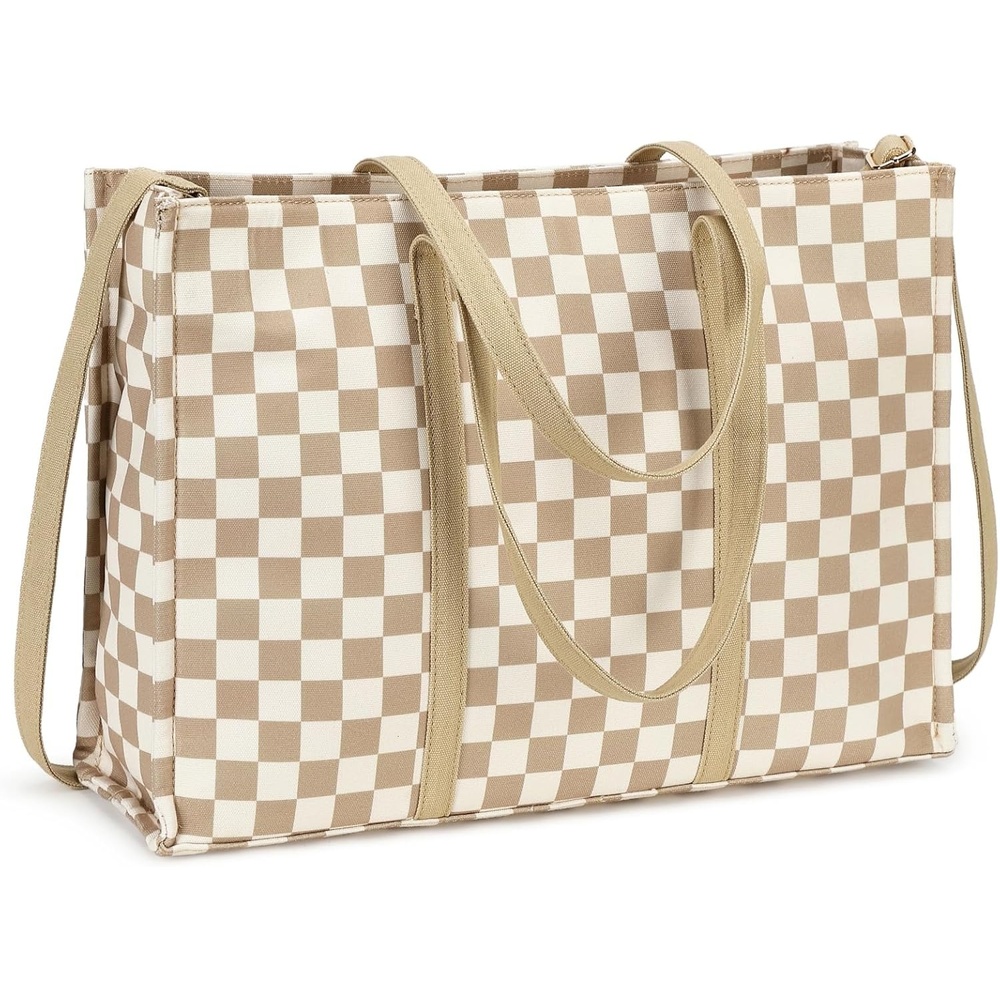 image:imageLaptop Tote Bag for Women Work 156 inch Canvas Shoulder Bags Computer Messenger Purse Teacher Handbag Office BriefcaseBcheckered Brown
