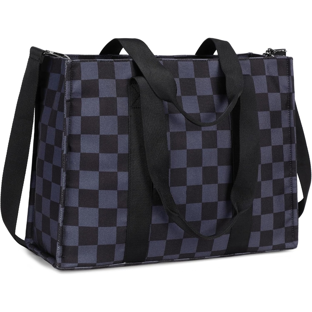 image:imageLaptop Tote Bag for Women Work 156 inch Canvas Shoulder Bags Computer Messenger Purse Teacher Handbag Office BriefcaseBlackgrey Checked