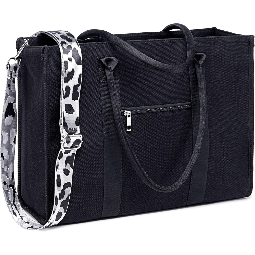 image:imageLaptop Tote Bag for Women Work 156 inch Canvas Shoulder Bags Computer Messenger Purse Teacher Handbag Office BriefcaseBlackleopard Print