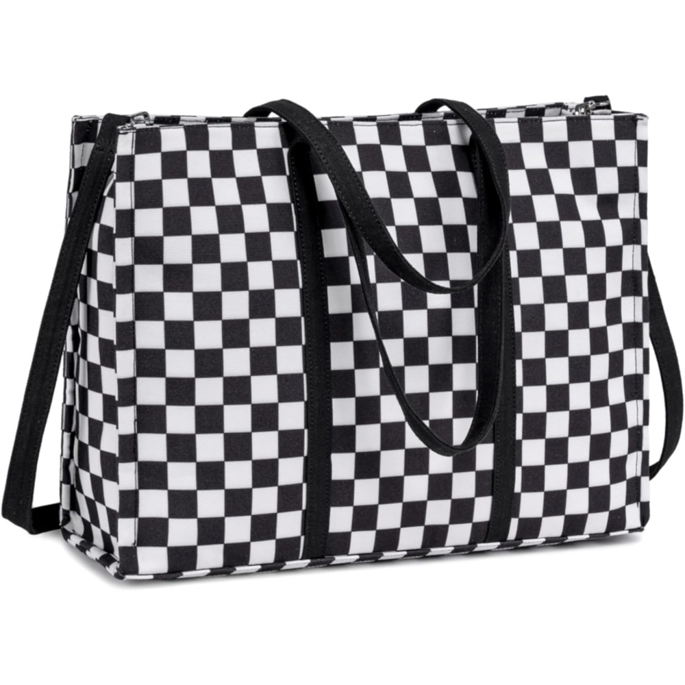 image:imageLaptop Tote Bag for Women Work 156 inch Canvas Shoulder Bags Computer Messenger Purse Teacher Handbag Office BriefcaseBlackwhite Checkered