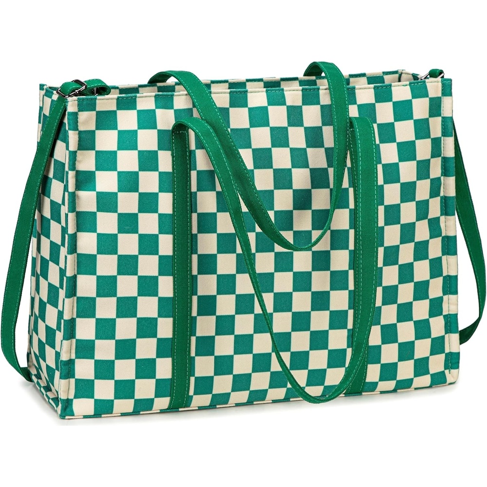 image:imageLaptop Tote Bag for Women Work 156 inch Canvas Shoulder Bags Computer Messenger Purse Teacher Handbag Office BriefcaseGreenwhite Checkered