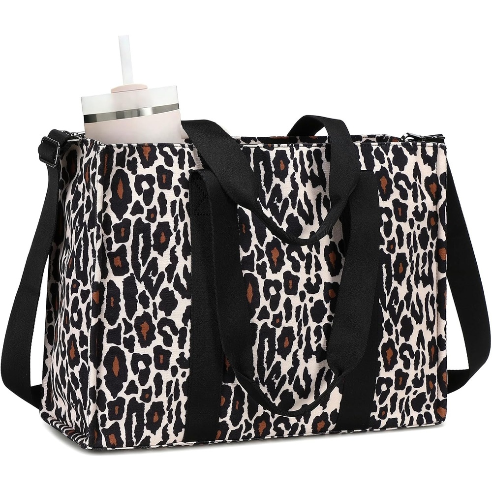 image:imageLaptop Tote Bag for Women Work 156 inch Canvas Shoulder Bags Computer Messenger Purse Teacher Handbag Office BriefcaseLeopardblack