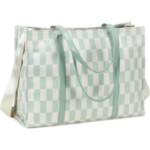 image:imageLaptop Tote Bag for Women Work 156 inch Canvas Shoulder Bags Computer Messenger Purse Teacher Handbag Office BriefcaseLight Greenwhite Checkered