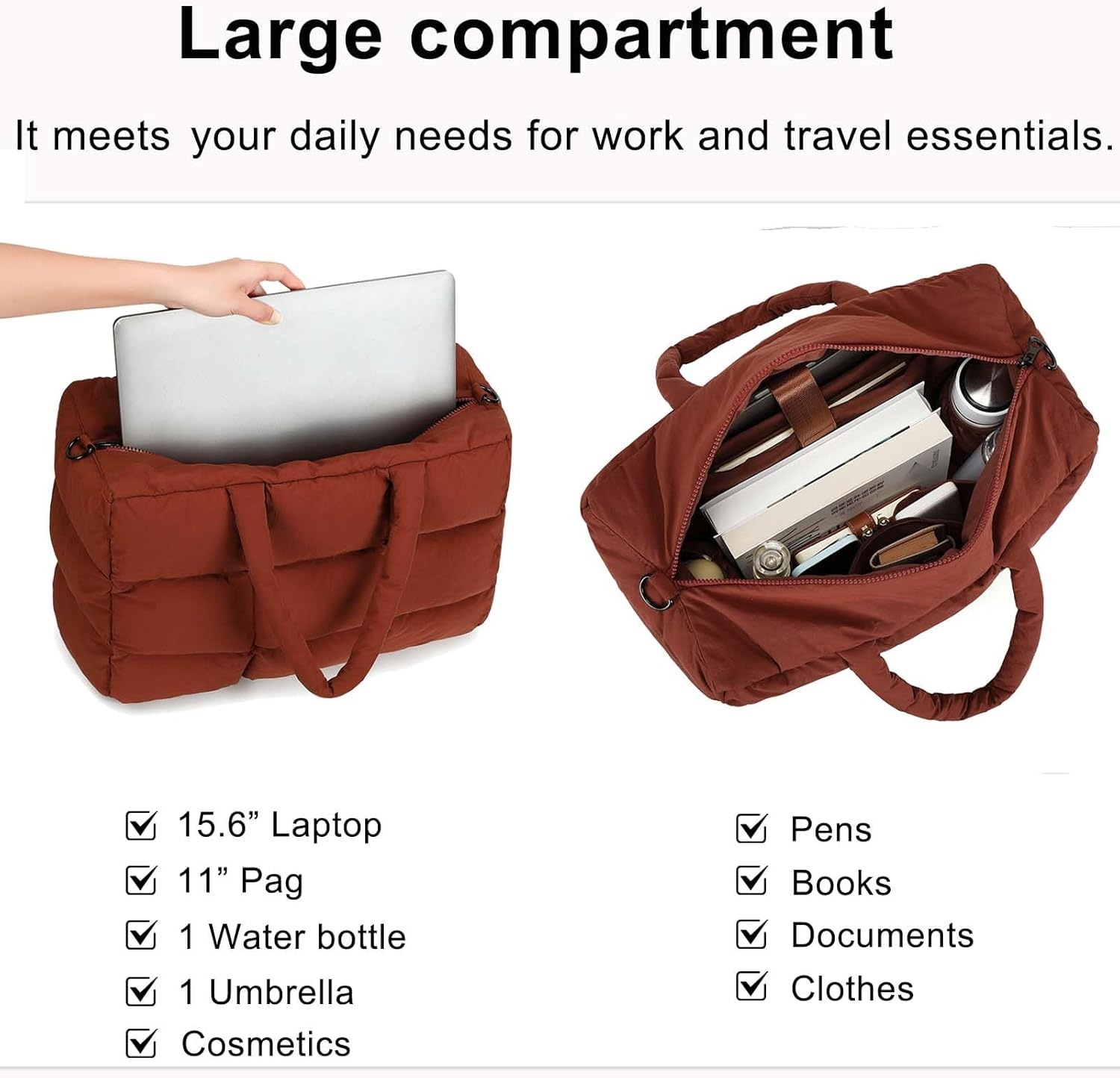 image:imageBTOOP Puffer Tote for Women Large Quilted Puffy Bag with Zipper Lightweight Cute Bag for Work Travel Shop Gym