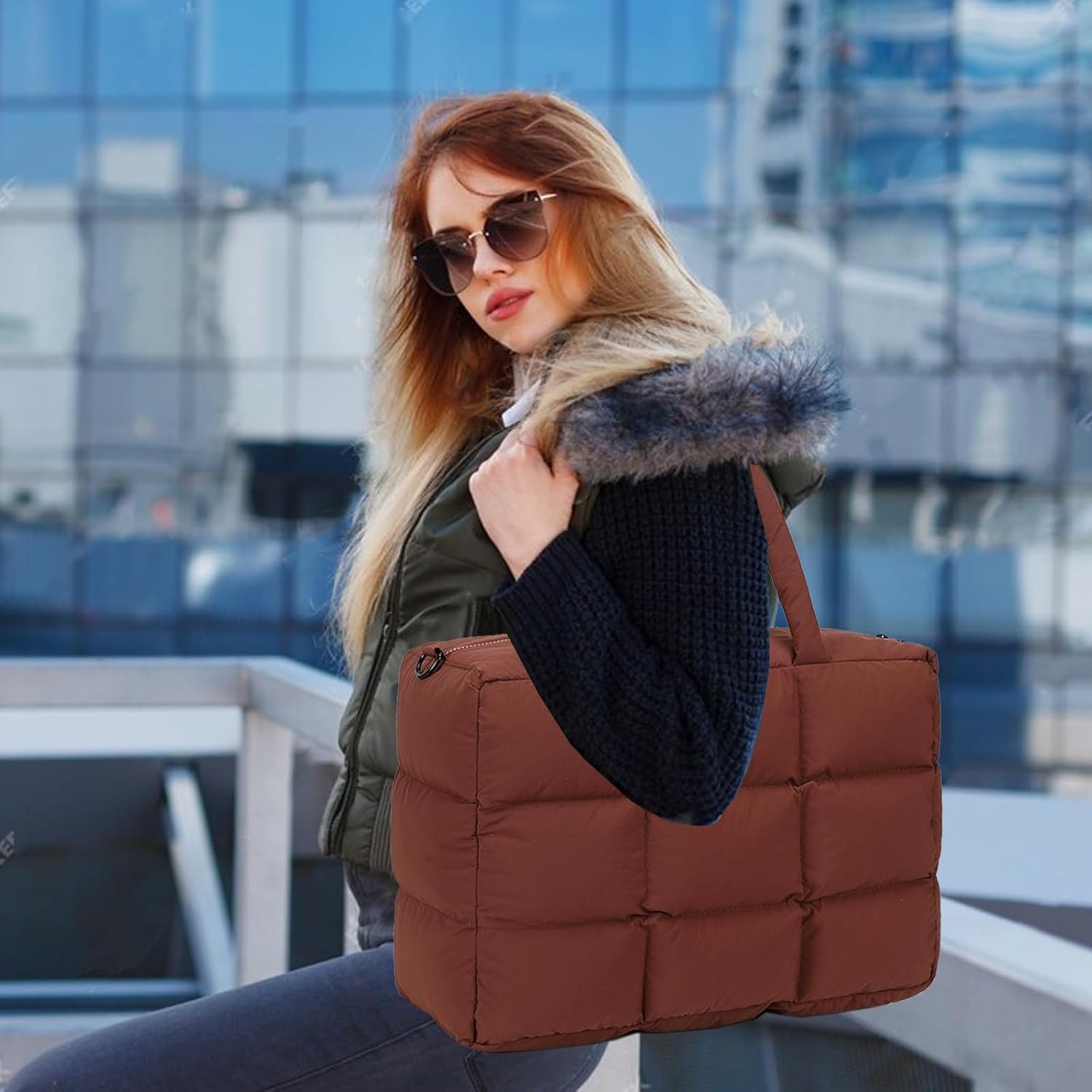 image:imageBTOOP Puffer Tote for Women Large Quilted Puffy Bag with Zipper Lightweight Cute Bag for Work Travel Shop Gym