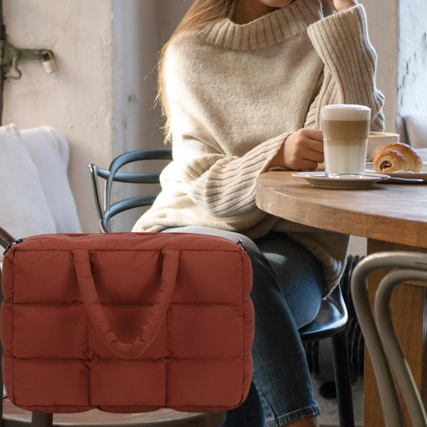 image:imageBTOOP Puffer Tote for Women Large Quilted Puffy Bag with Zipper Lightweight Cute Bag for Work Travel Shop Gym