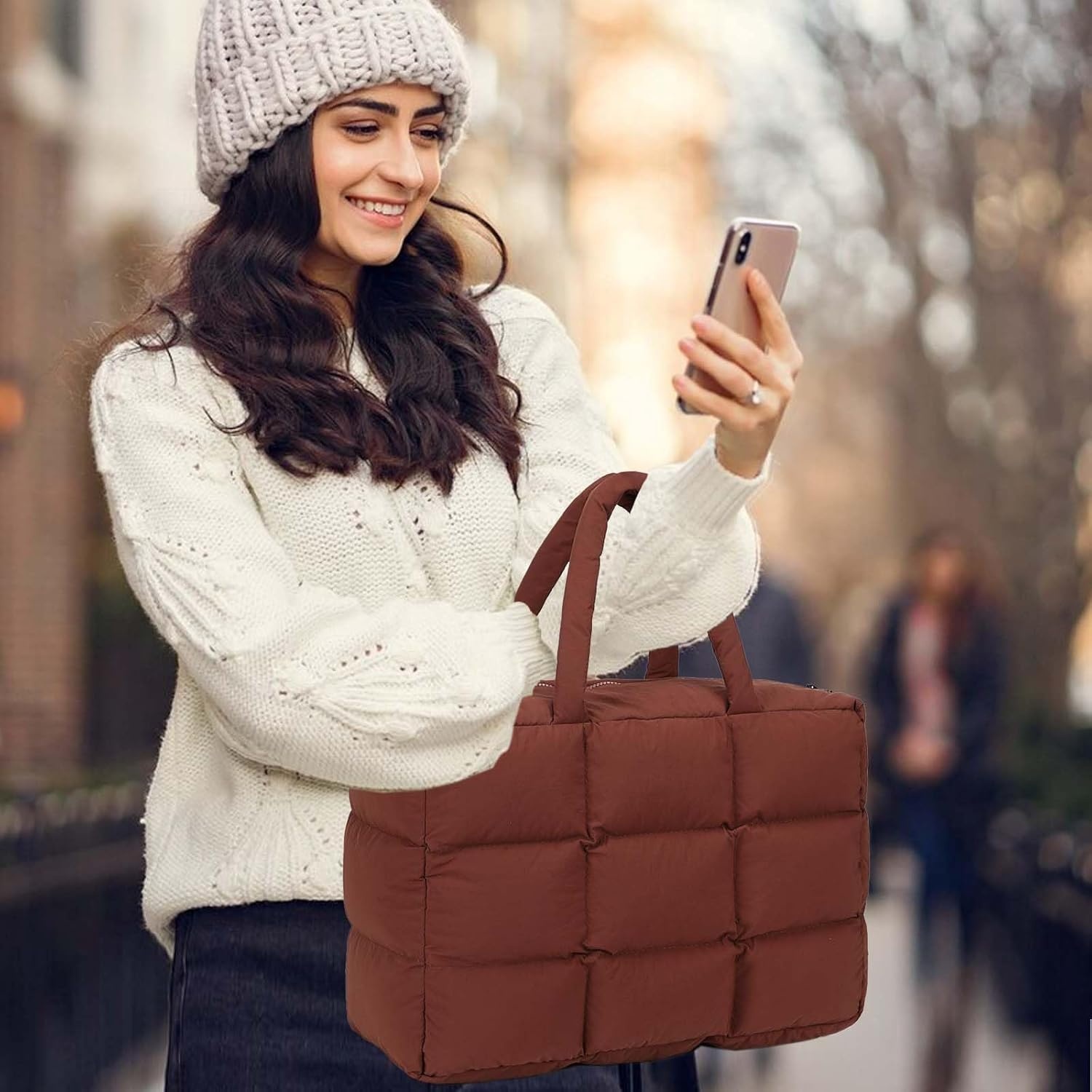 image:imageBTOOP Puffer Tote for Women Large Quilted Puffy Bag with Zipper Lightweight Cute Bag for Work Travel Shop Gym